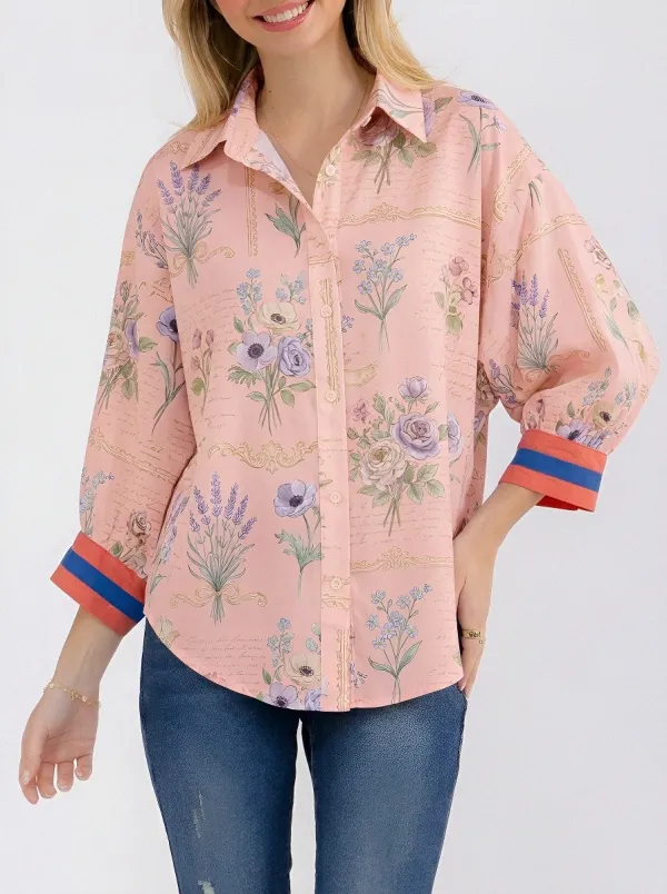 Women's Floral Botanical Script Printed Button Down Shirt