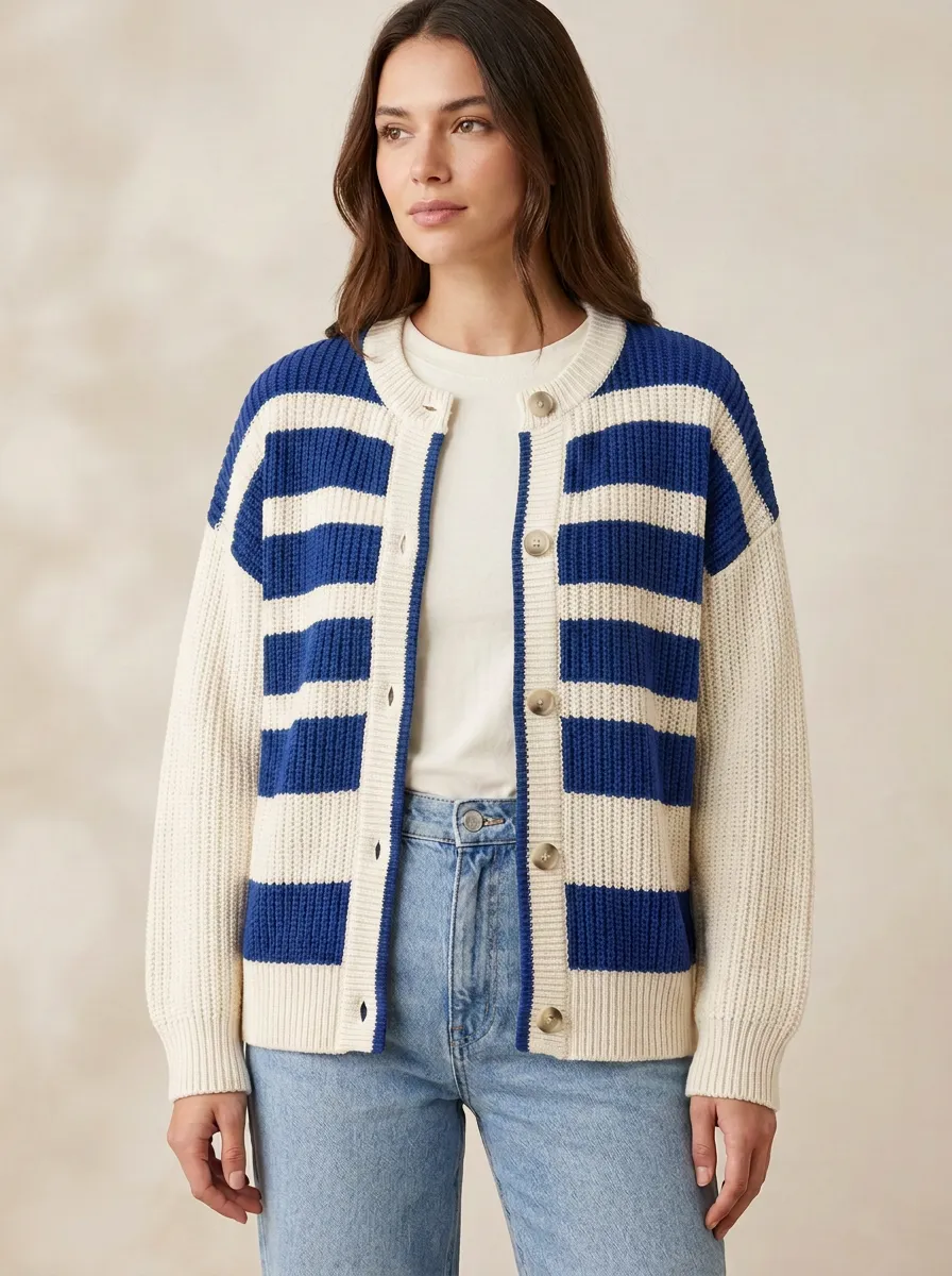 Classic Button Front Distinctive Rugby Striped Knit Cardigan