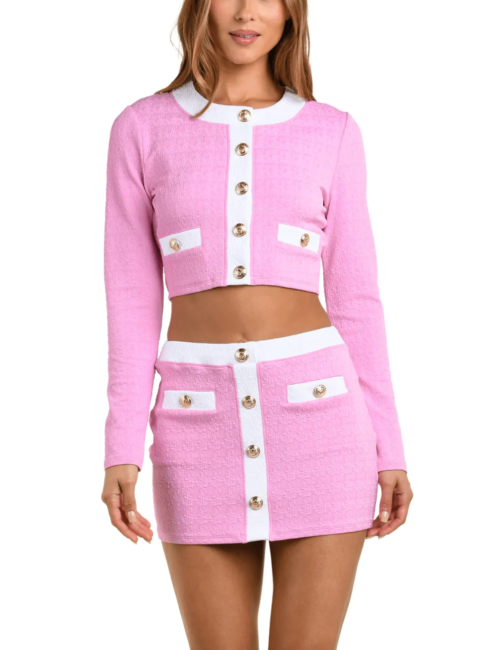Classic Button-Front Cropped Houndstooth Color-Block Cardigan