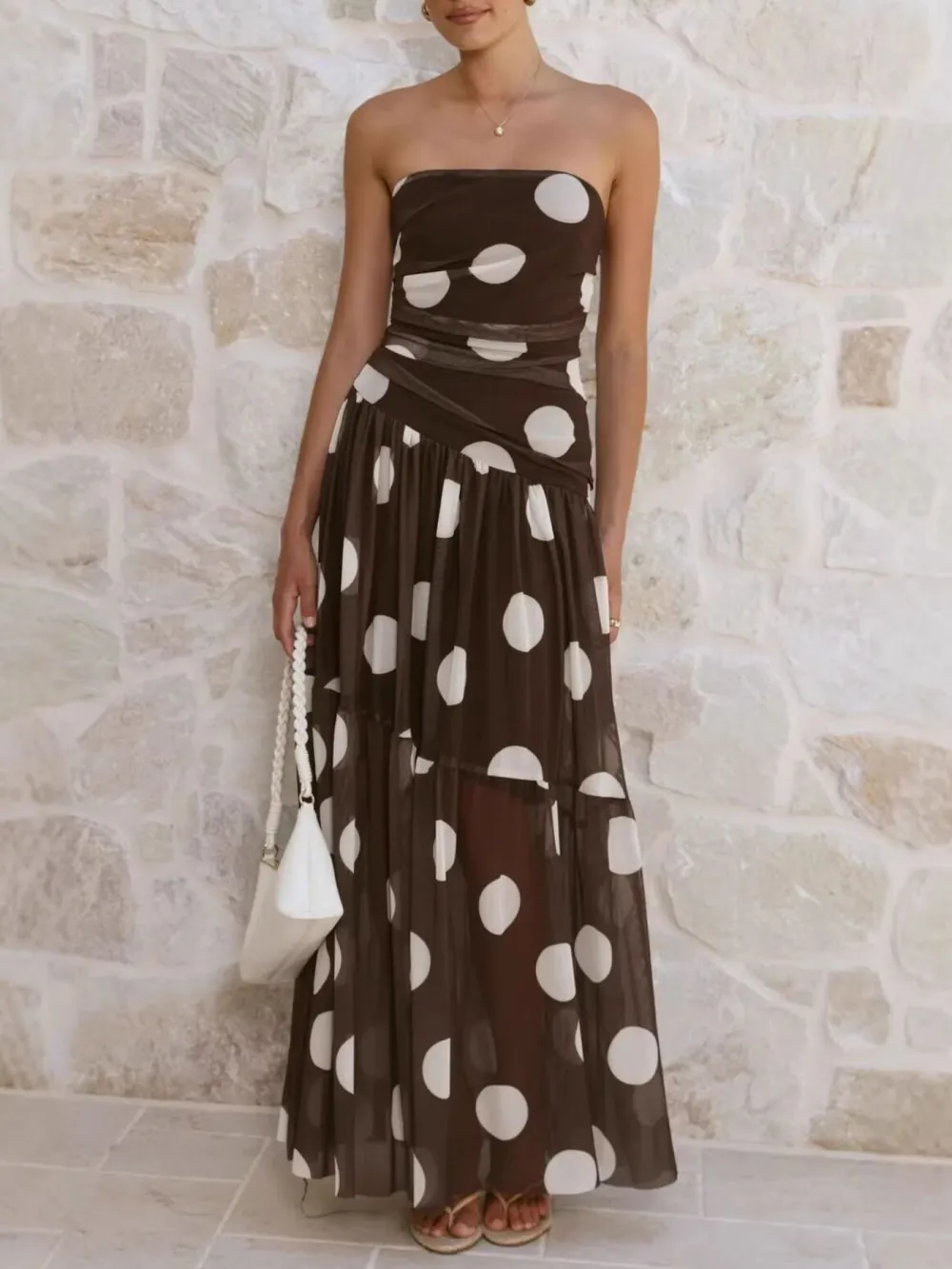 Ruched Strapless Polka-Dot Maxi Dress