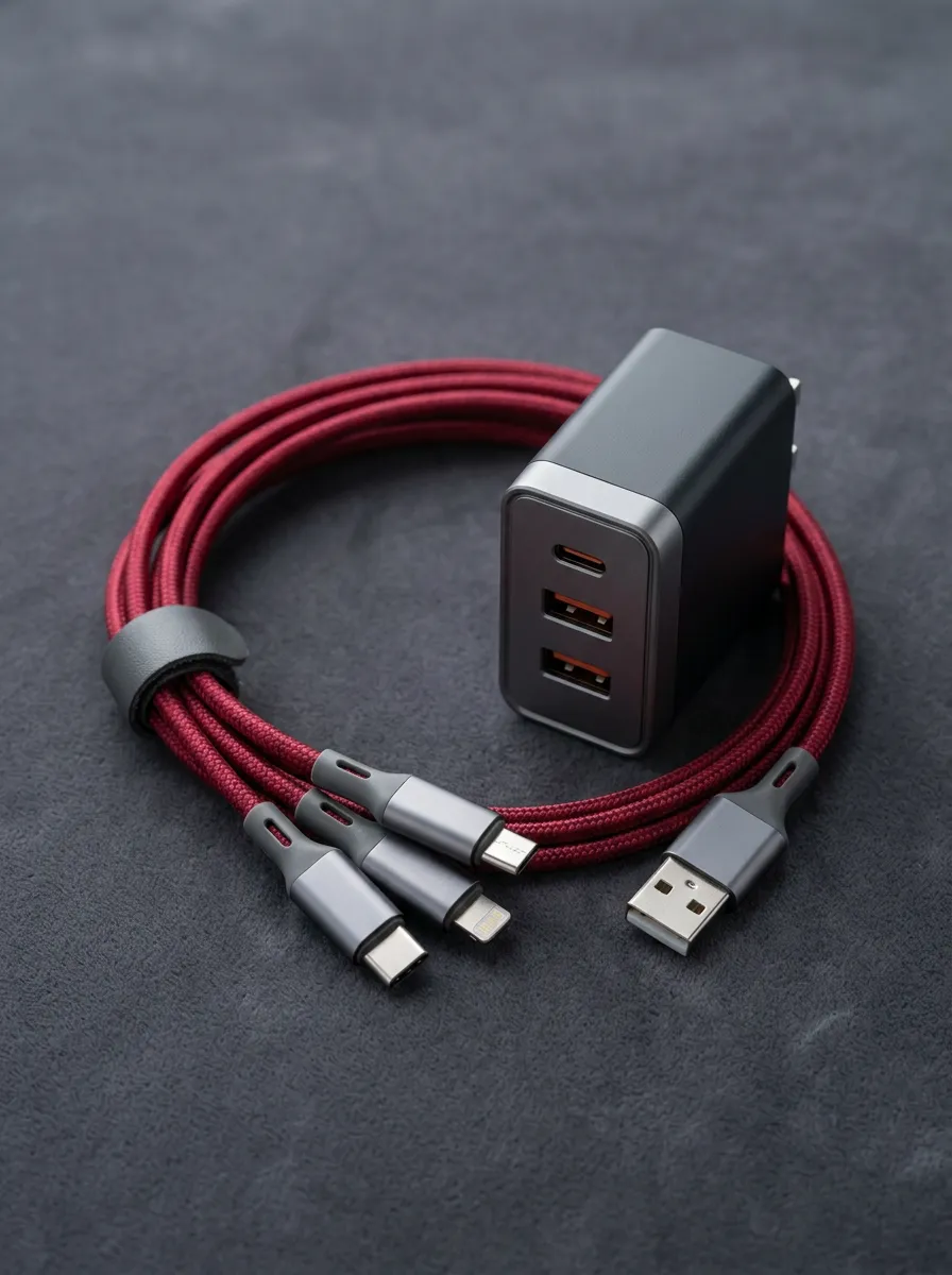 Red Braided Multi-Port Wall Charger and Cable Kit
