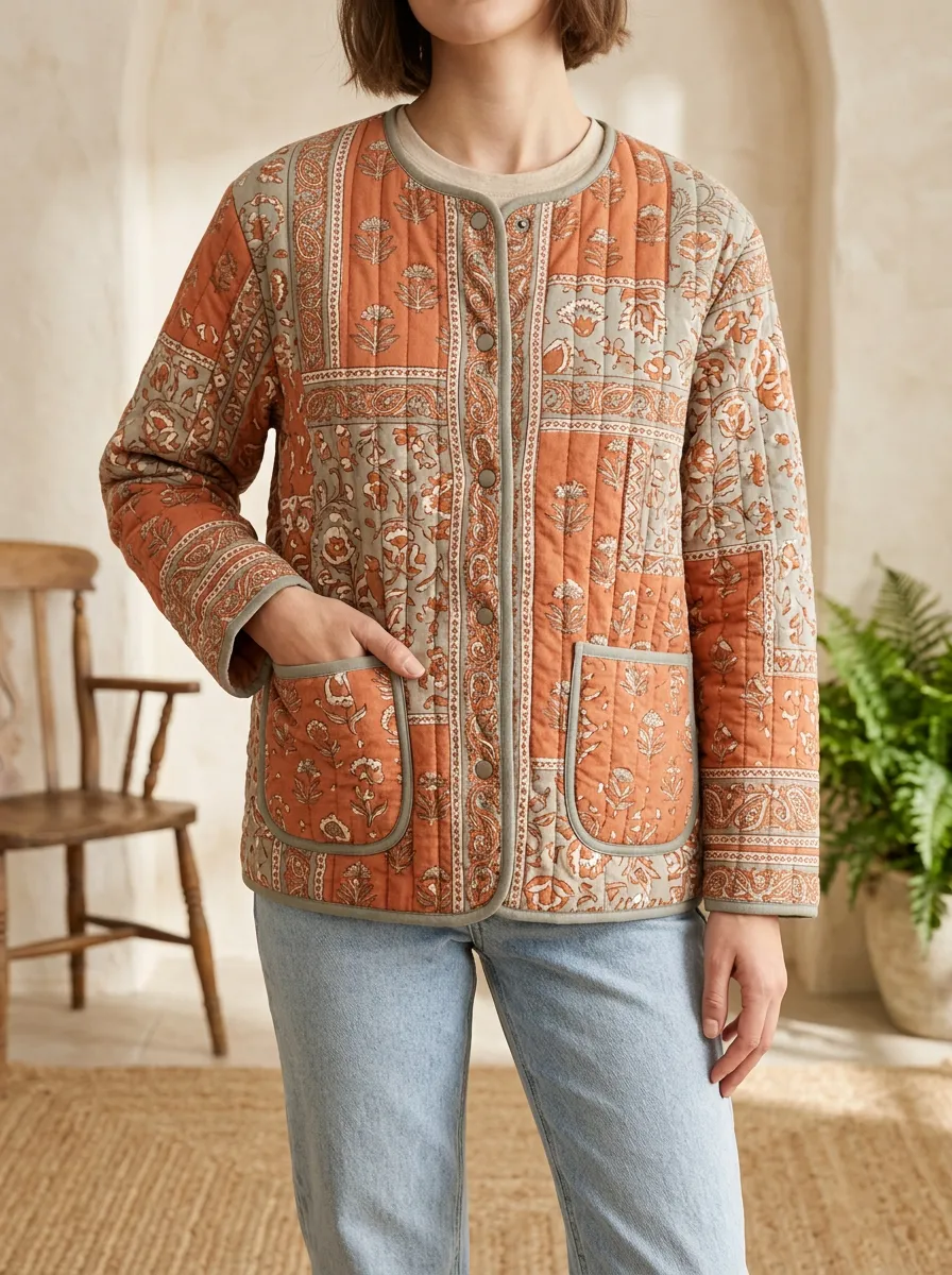 Women's Vintage Inspired Boho Floral Paisley Quilted Jacket