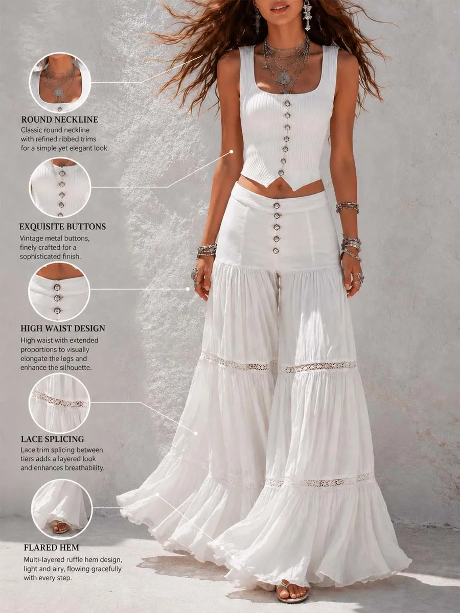 Bohemian White Ribbed Corset Top And Tiered Lace Pants Set