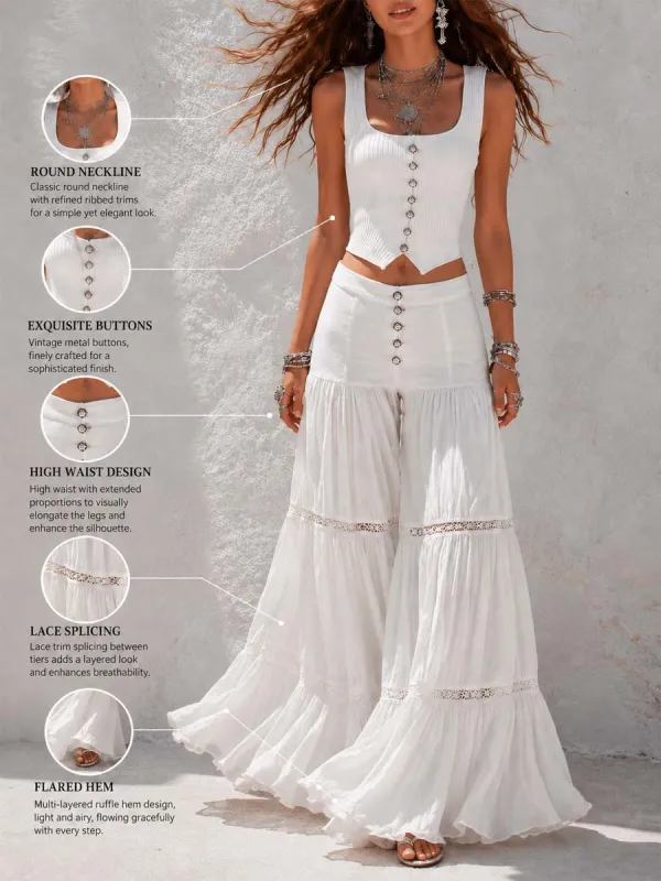 Bohemian White Ribbed Corset Top And Tiered Lace Pants Set