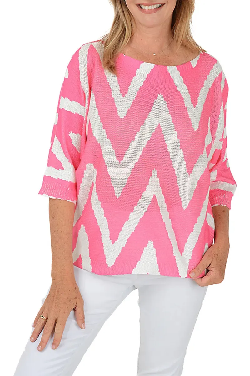 Pink Zig Zag 3/4 Sleeve Lightweight Sweater