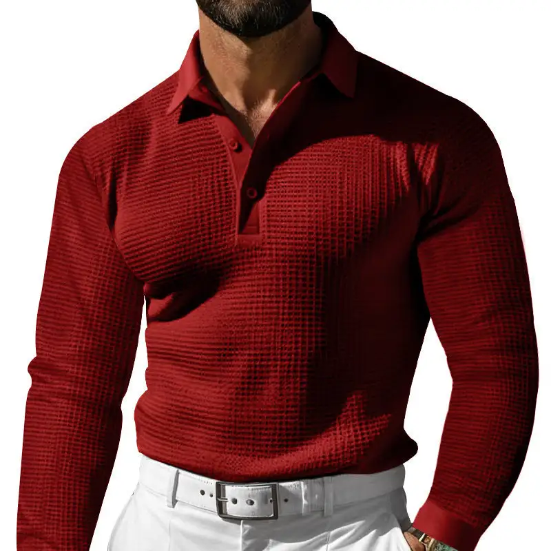 Waffle Texture Button Placket Long Sleeve Slim Fit Polo Shirt