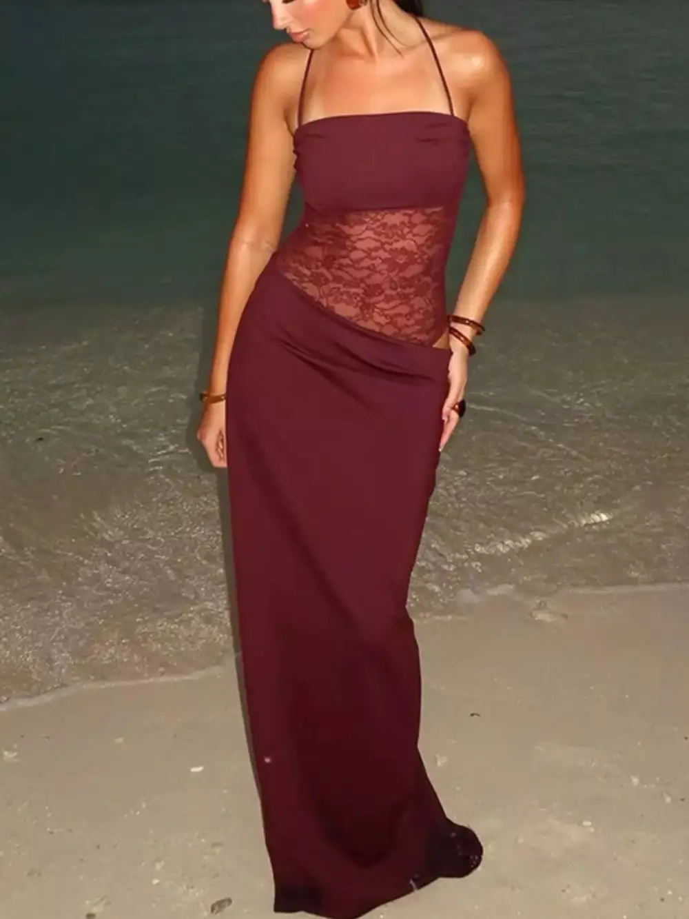 Lace Cutout Tie Shoulder Maxi Dress