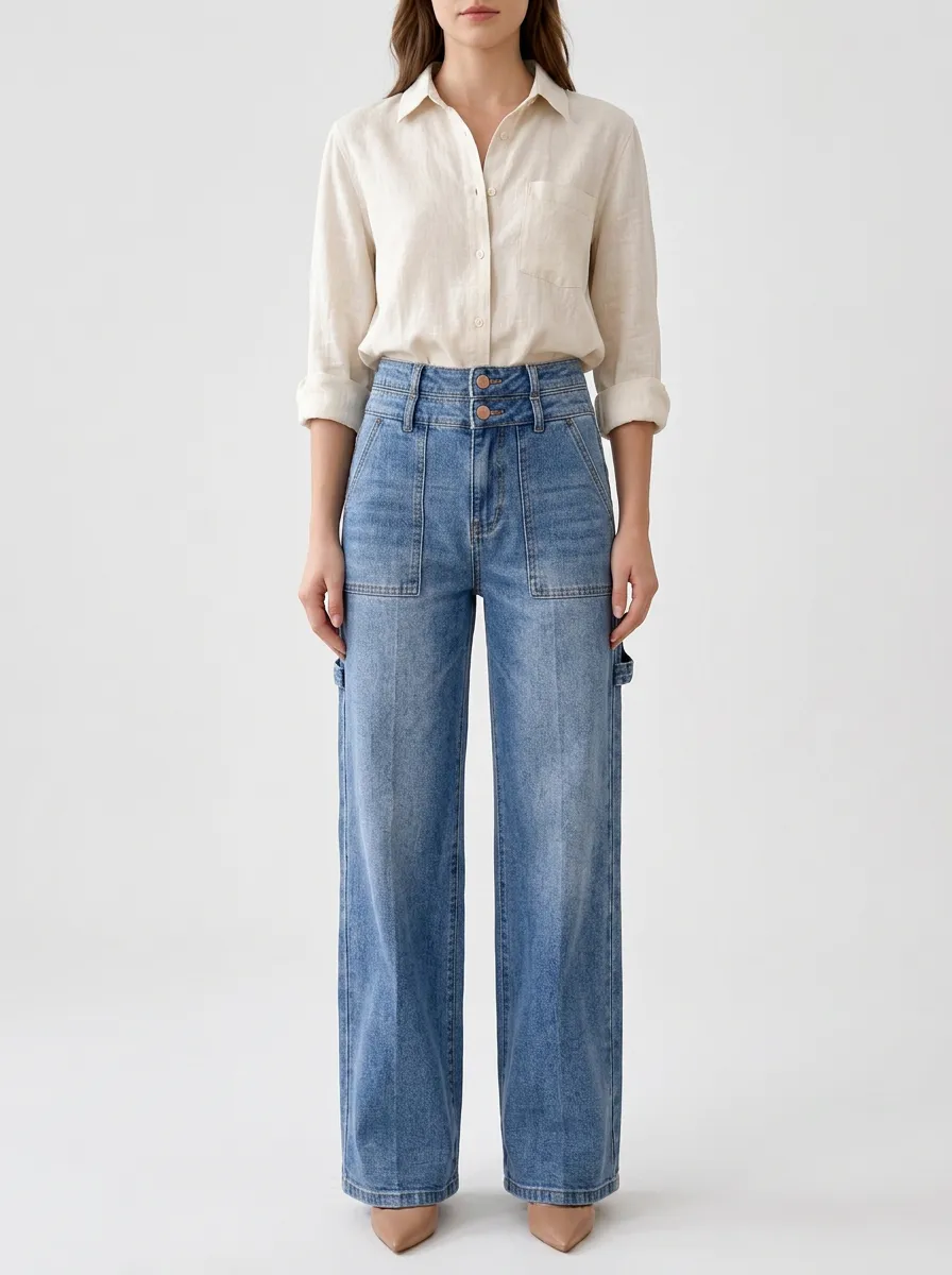 Women's Casual Vintage High-Waisted Wide-Leg Denim Jeans