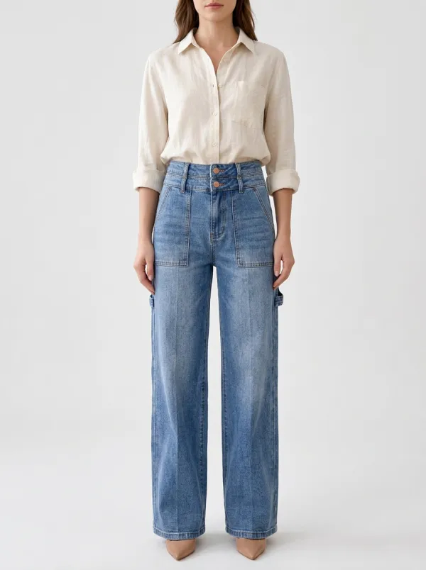 Women's Casual Vintage High-Waisted Wide-Leg Denim Jeans