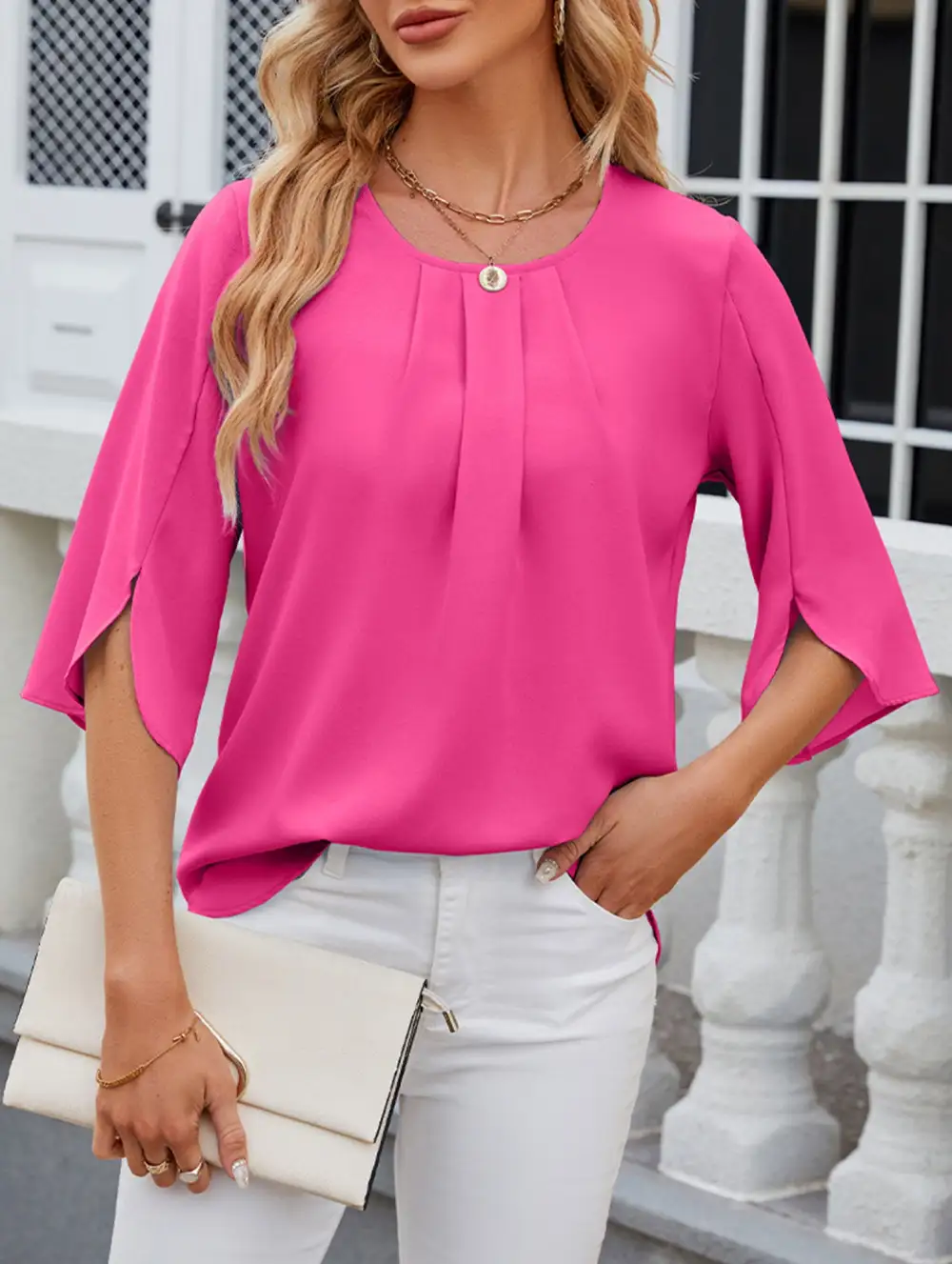 Chiffon Crew Neck Half Sleeve Blouse