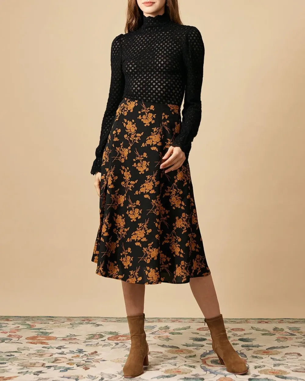 Plants Print Black Skirt