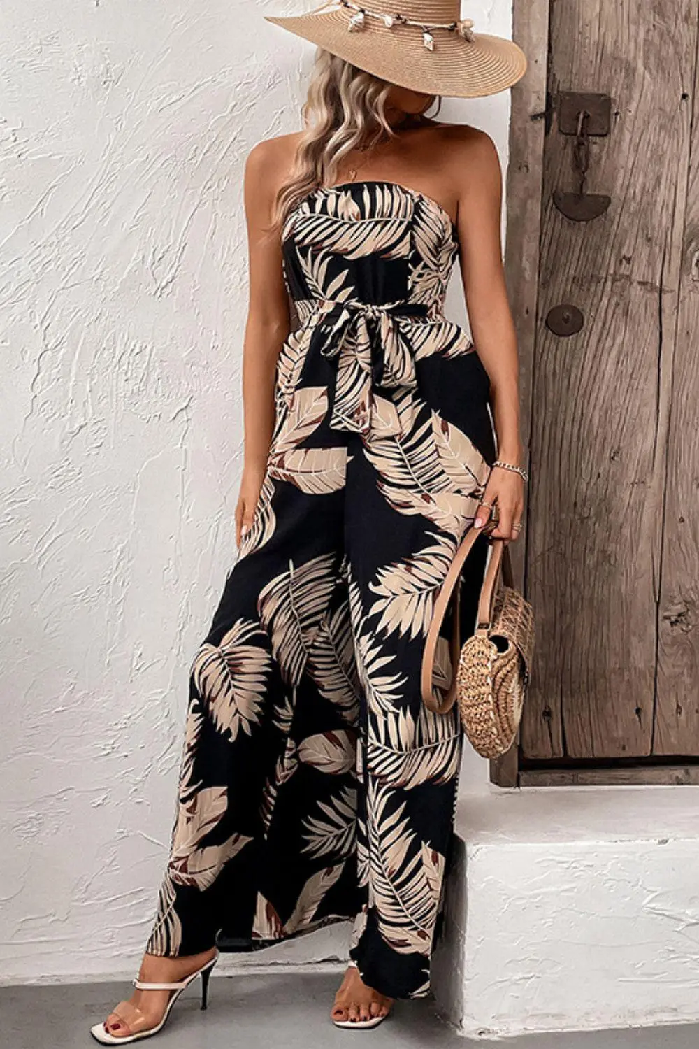 Printed Strapless Wide Leg Pockets Jumpsuit