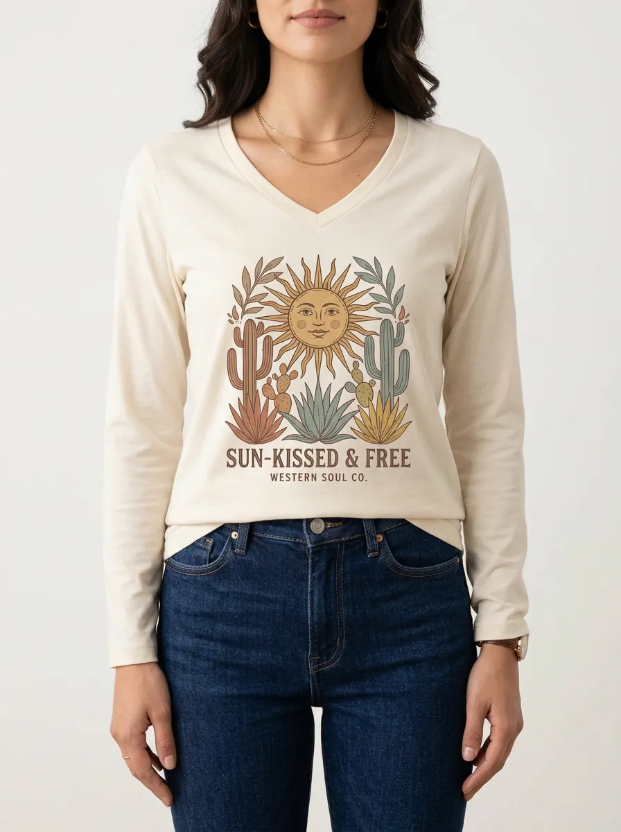 Boho Western Sun Cactus V-Neck Long Sleeve Shirt
