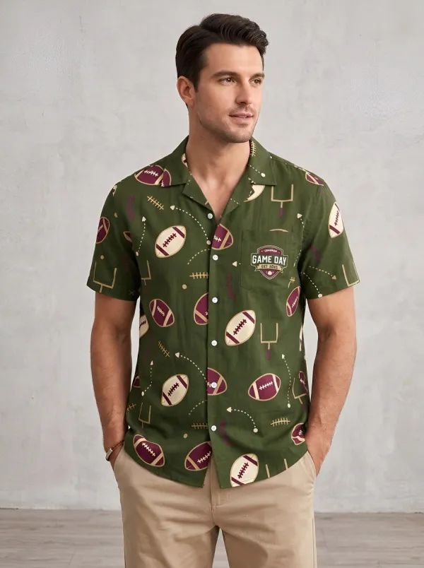 Men's Football Fan Game Day Football Pattern Printed Button-Down Shirt