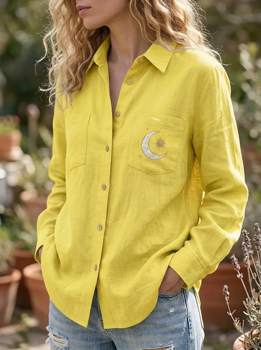 Women's Celestial Lover Sun Moon Printed Button-down Shirt