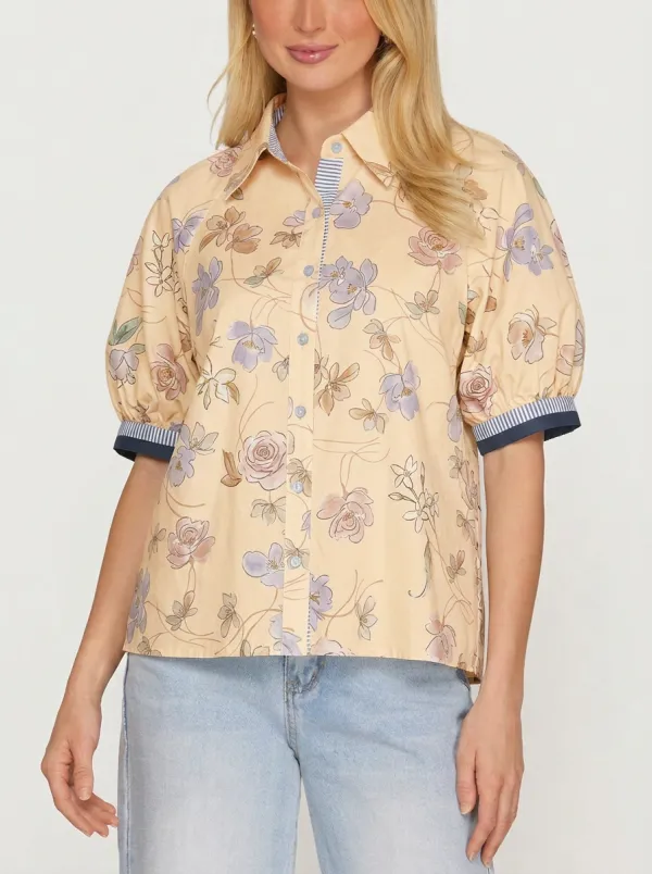 Women's Floral Botanical Vintage Style Printed Puff Sleeve Shirt