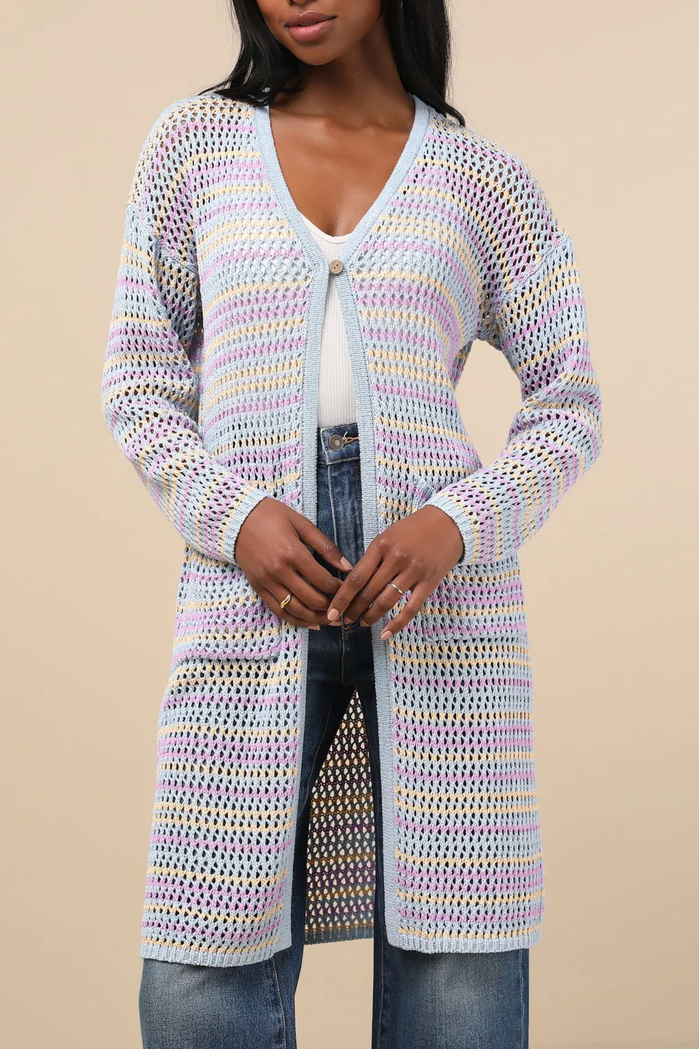 Light Blue Multi Striped Openwork Cardigan