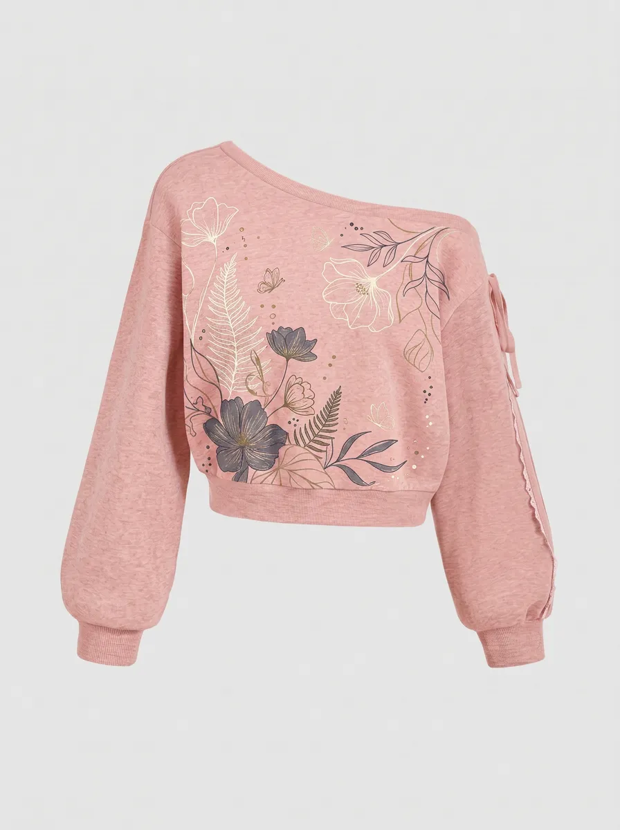 Women's Floral Butterfly Botanical Printed One-Shoulder Sweatshirt