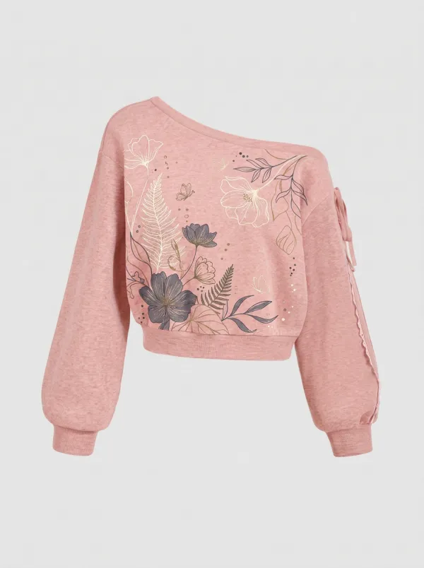 Women's Floral Butterfly Botanical Printed One-Shoulder Sweatshirt
