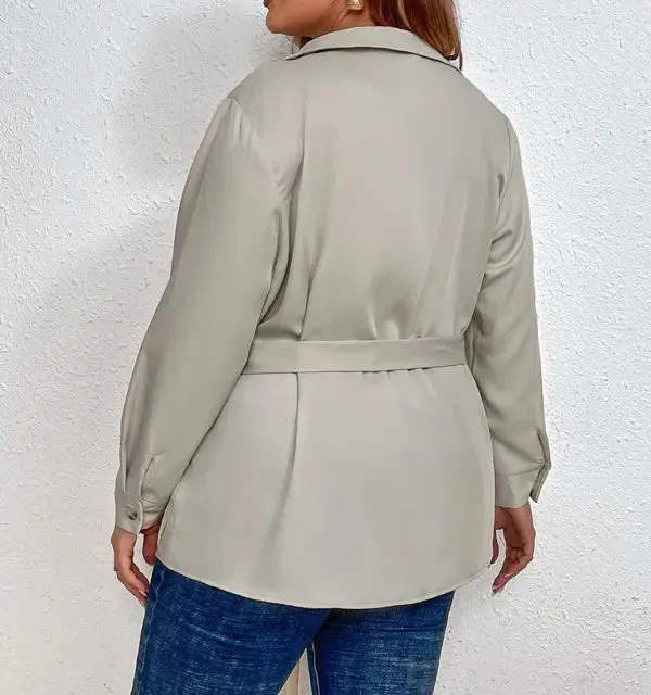 Plus Size Tie Lapel Cardigan Shirt Jacket