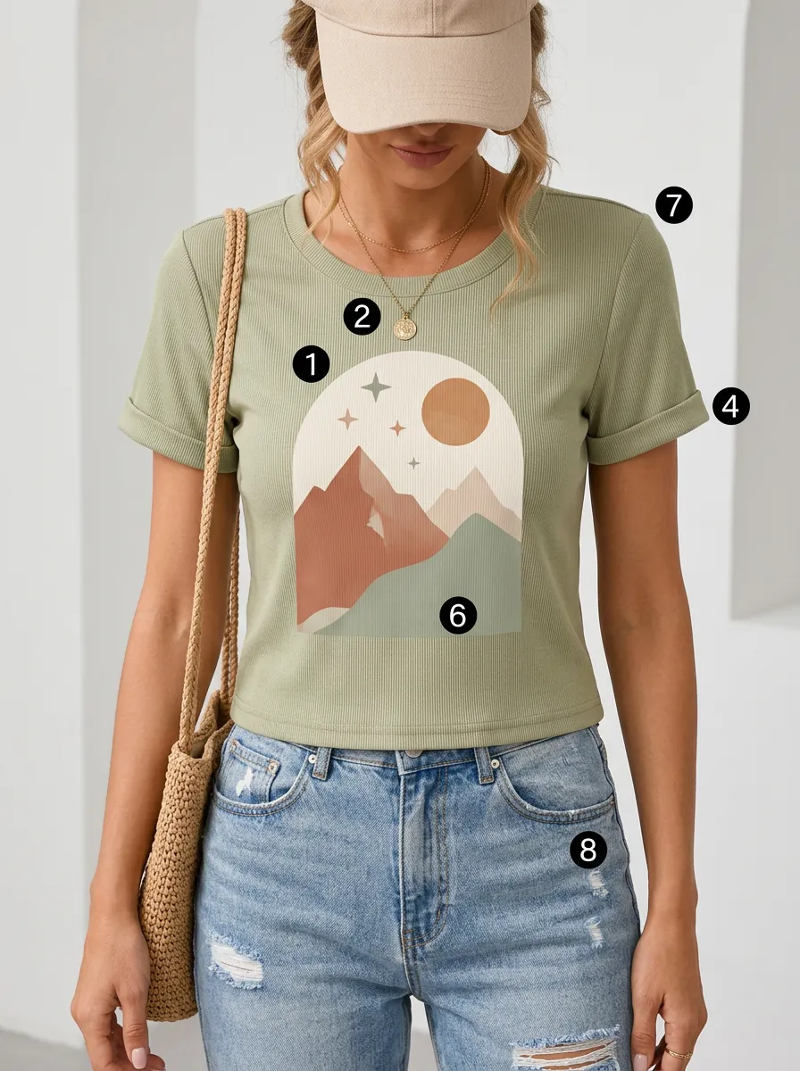 Women's Boho Mountain Sun Ribbed Graphic T-Shirt