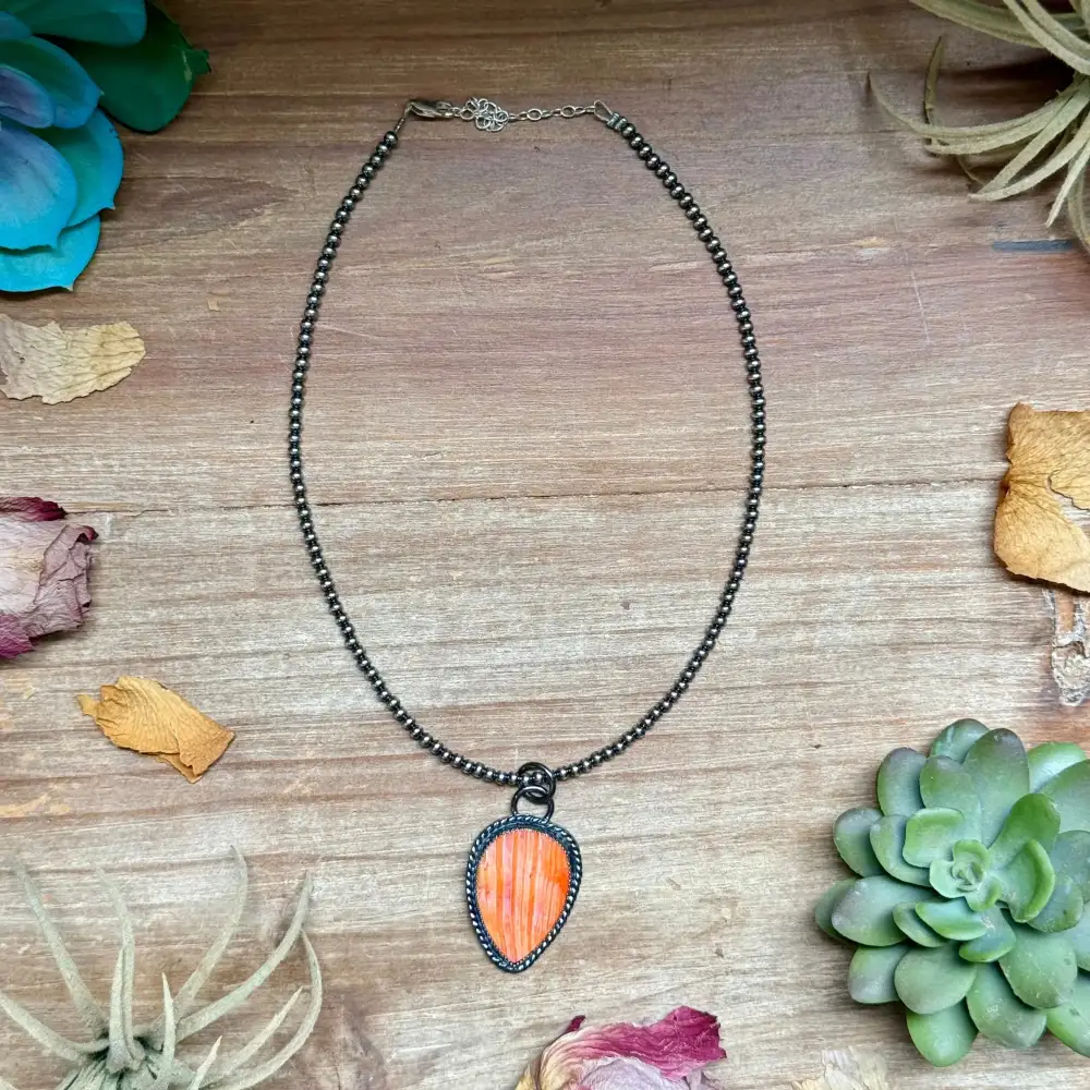Teardrop Charm Statement Turquoise Spiny Oyster Sterling Silver Necklace