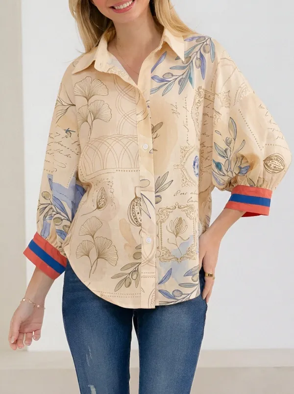 Women's Botanical Art Floral Ginkgo Leaf Printed Button-up Shirt