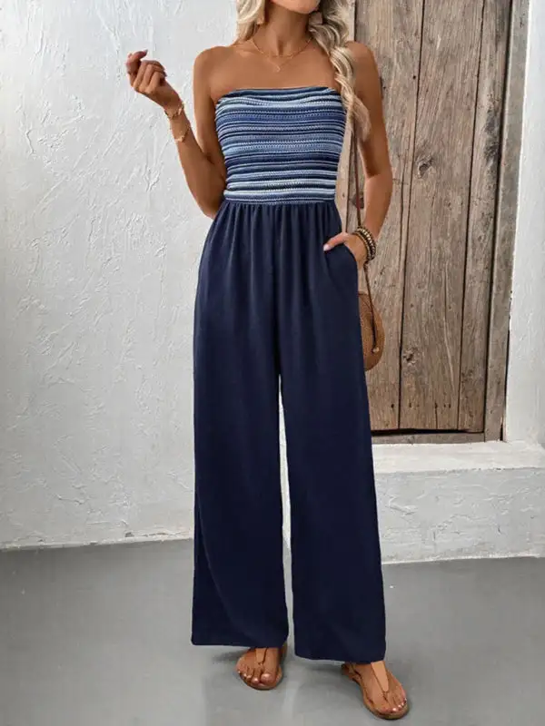 Casual Simple Elastic Stitching Striped Jumpsuit