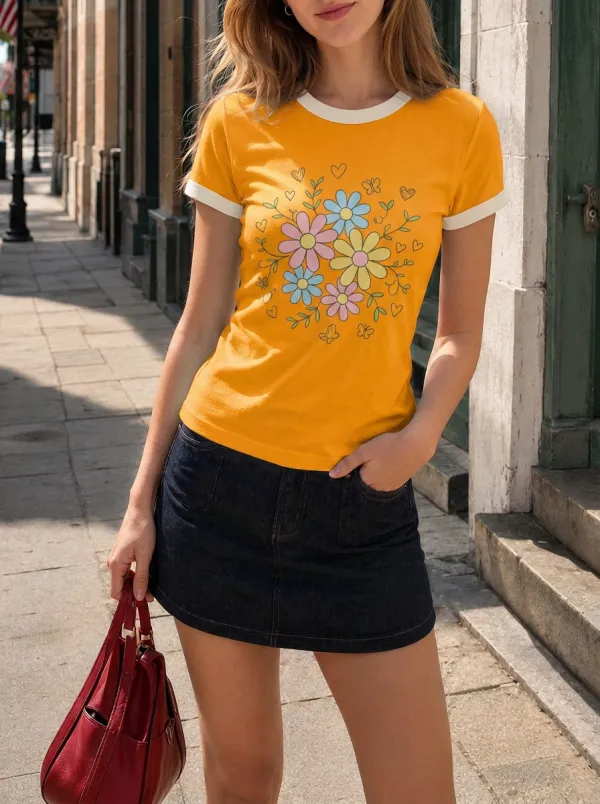 Women's Pastel Floral Butterfly Heart Printed Ringer T-shirt