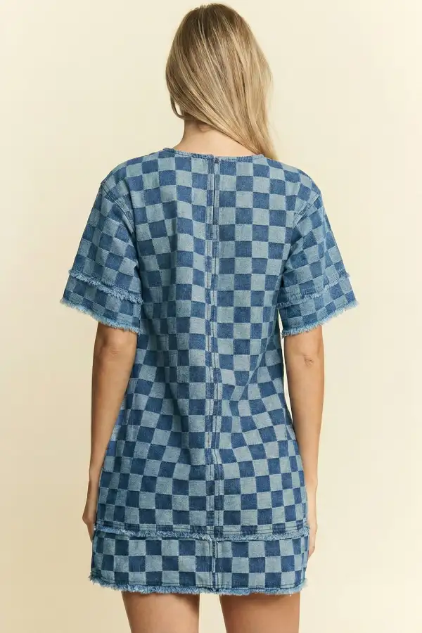 Sky Frayed Hem Checkered Denim Mini Dress