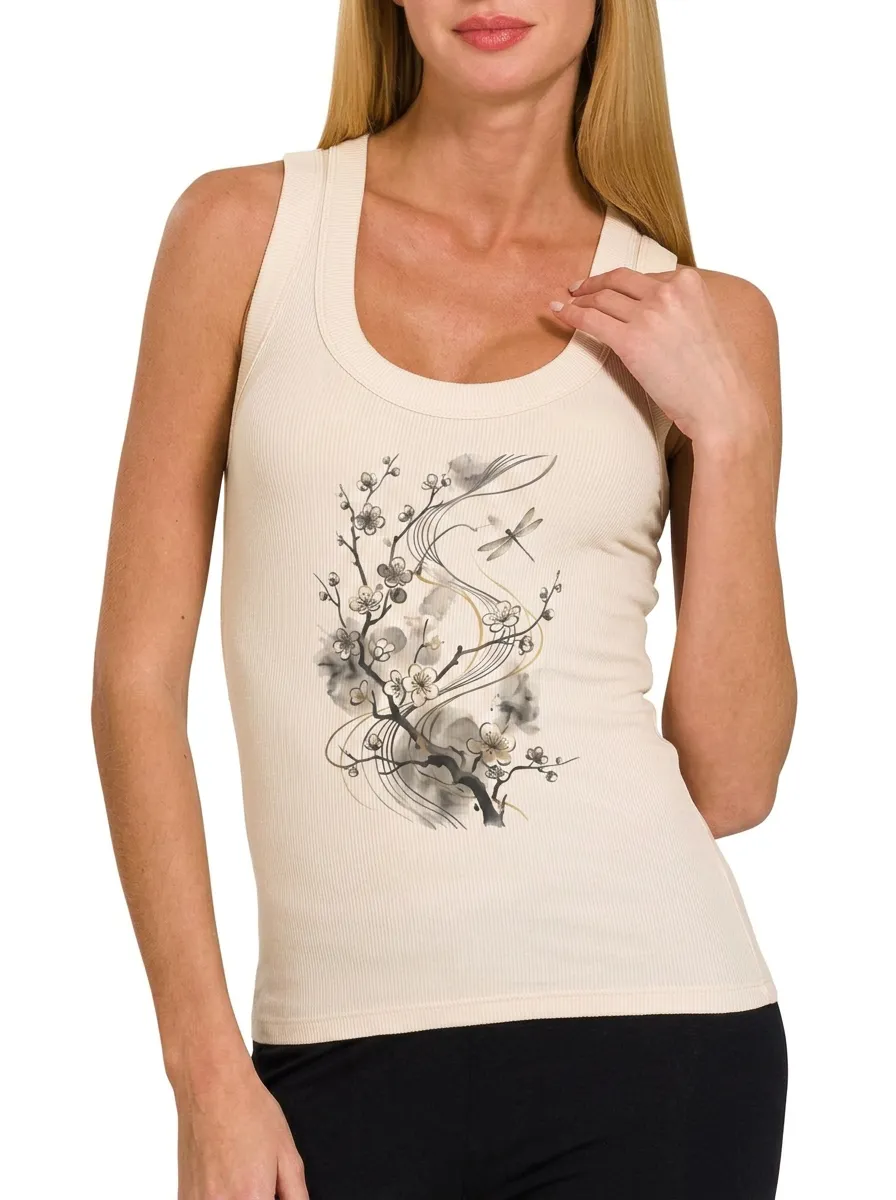 Women's Zen Nature Cherry Blossom Dragonfly Printed Tank Top