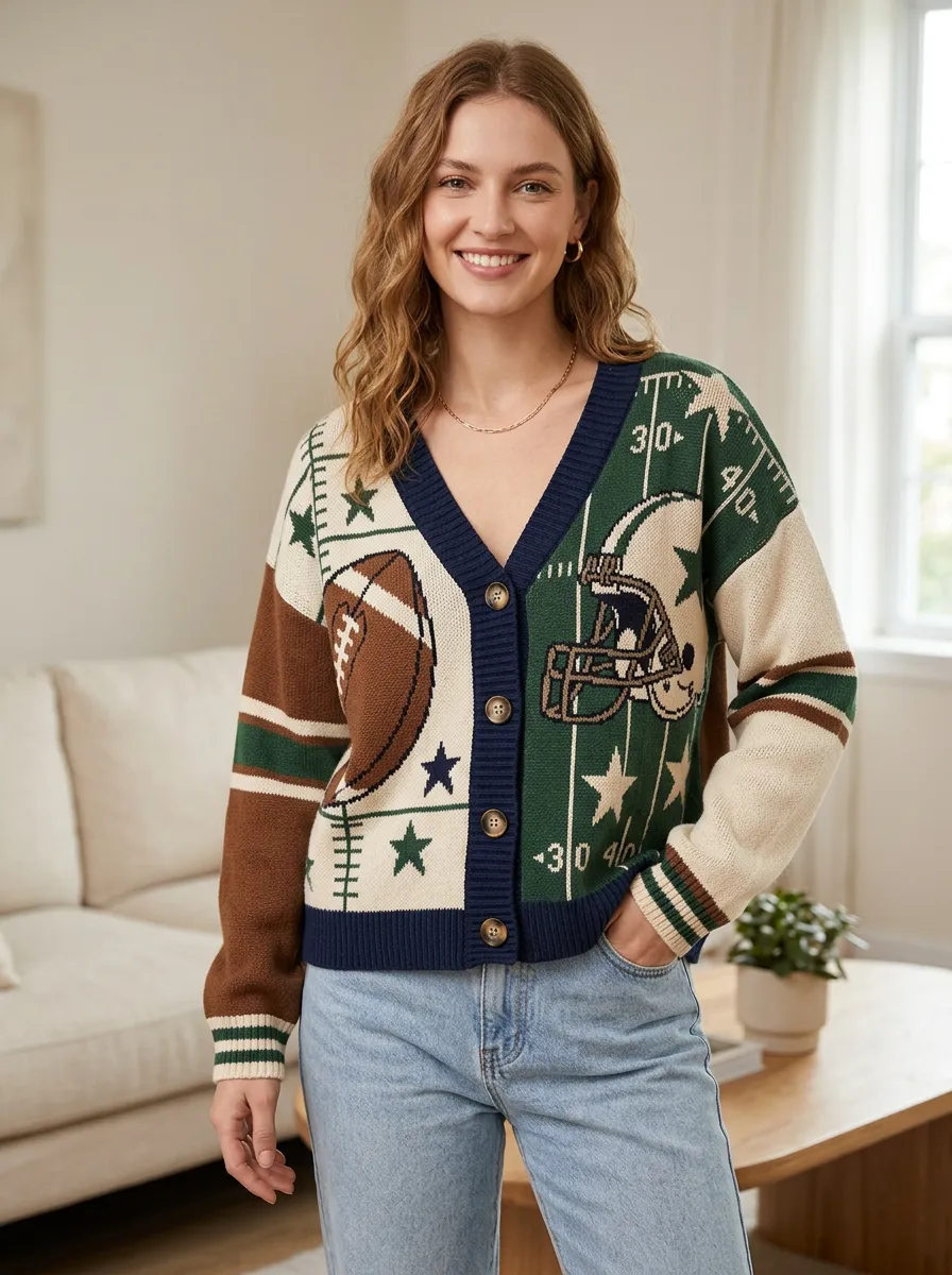Women's Bold Gridiron Helmet Ball Knit Cardigan
