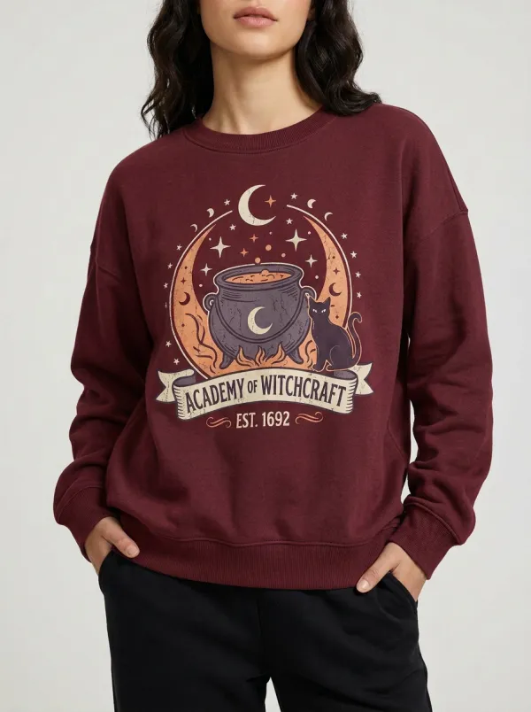 Women's Halloween Witchcraft Cauldron Black Cat Printed Sweatshirt