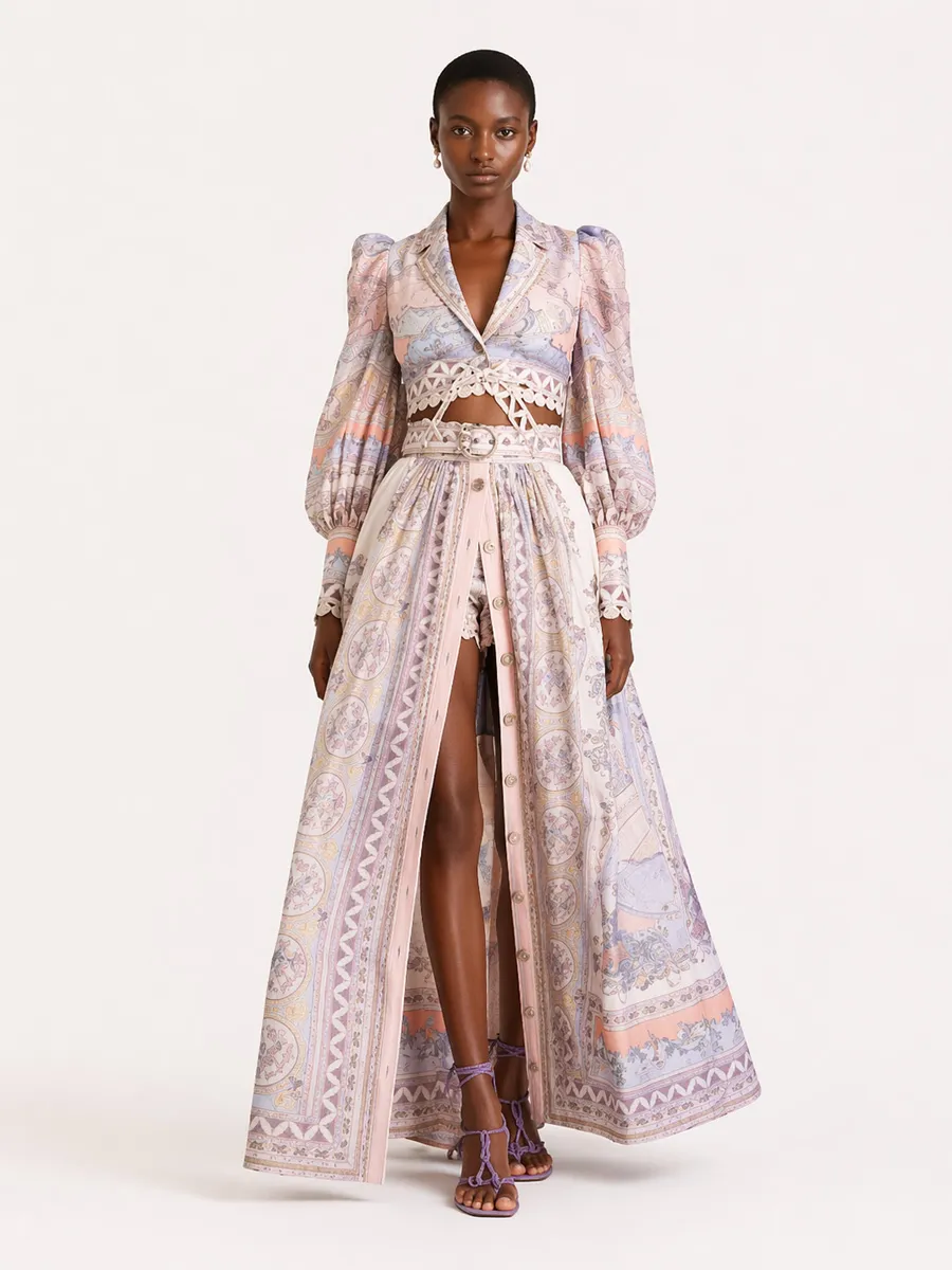 Natalie Long-Sleeve Printed Long Skirt Set