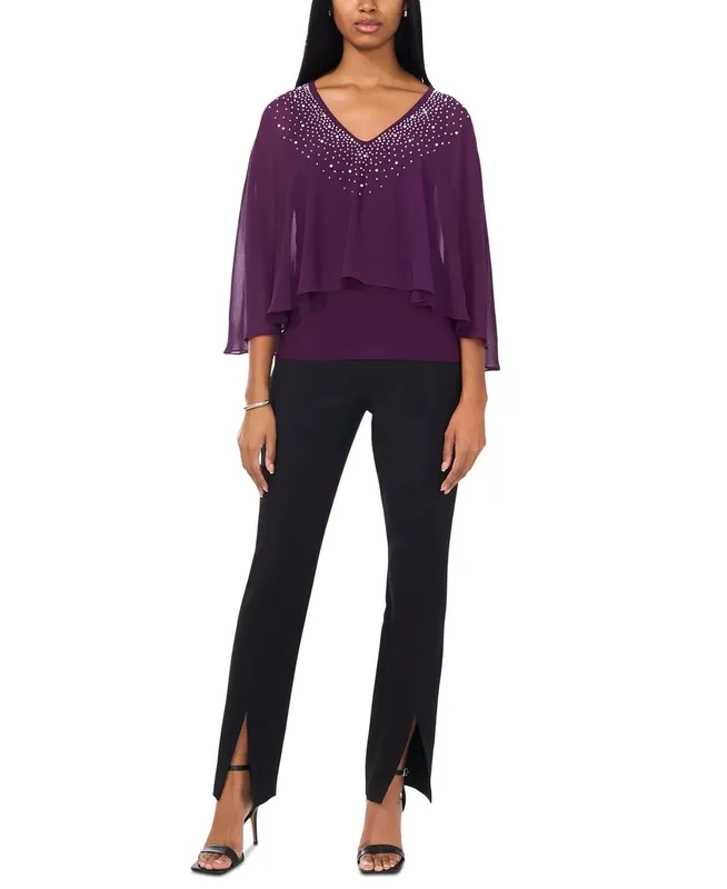 Embellished Chiffon V Neck Overlay Top