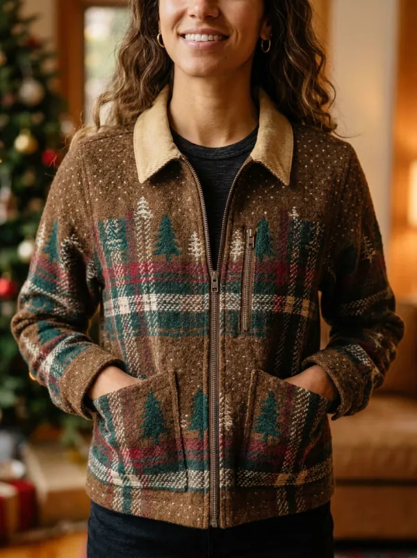 Christmas Holiday Pine Tree Plaid Print Jacket