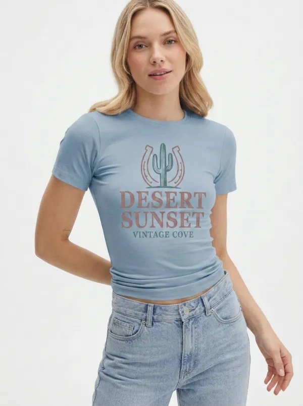 Women's Desert Sunset Cactus Horseshoe Printed T-shirt
