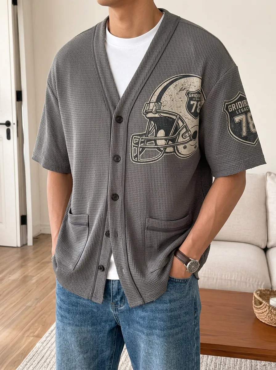 Men's Football Fan Helmet Printed Waffle Cardigan