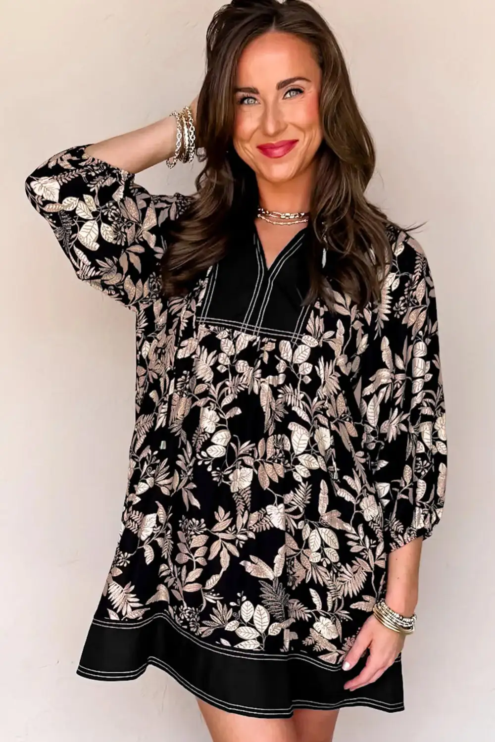 Layered Detail Printed Split Neck Mini Dress
