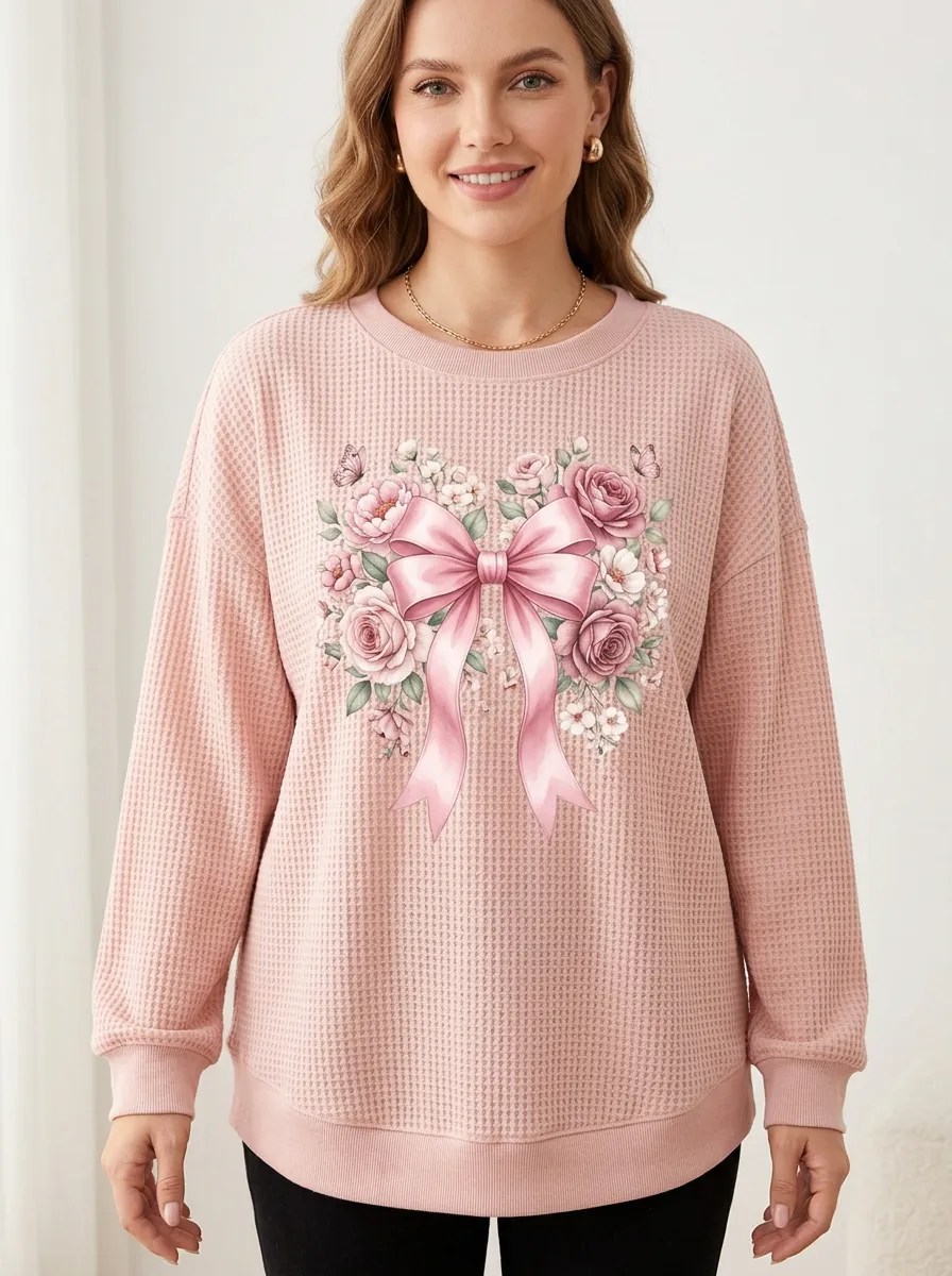 Ribbon Women's Breast Cancer Awareness Waffle Sweatshirt