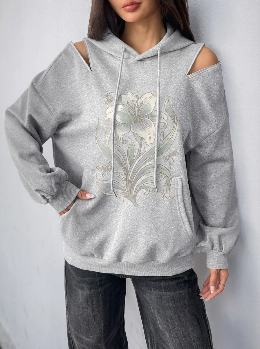 Women's Floral Lily Butterfly Printed Cold Shoulder Hoodie
