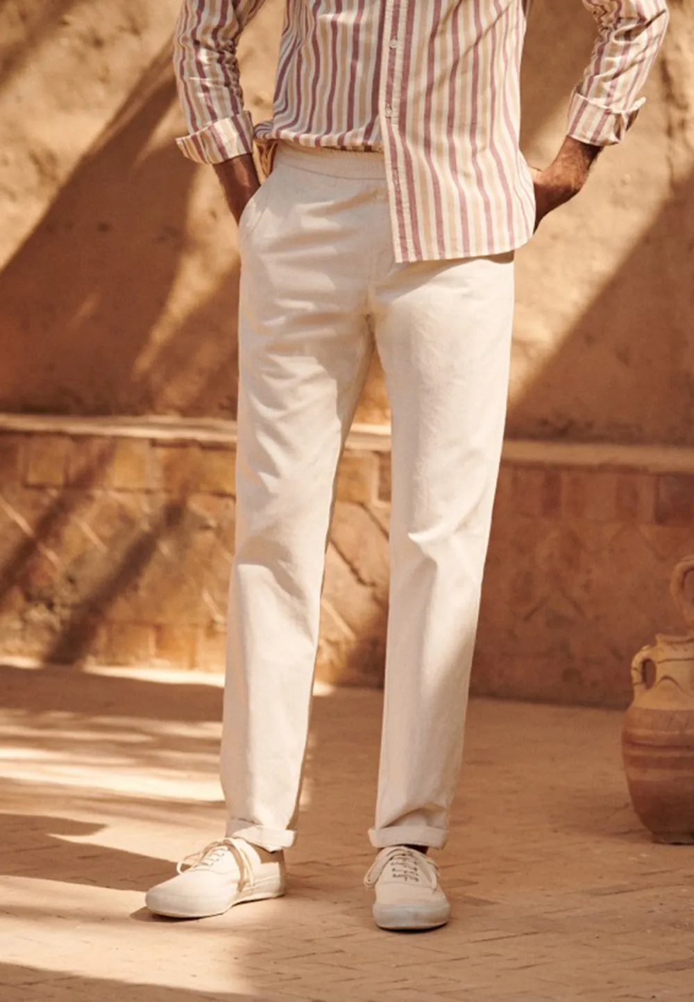 Cream White Cotton Linen Blend Relaxed Trousers