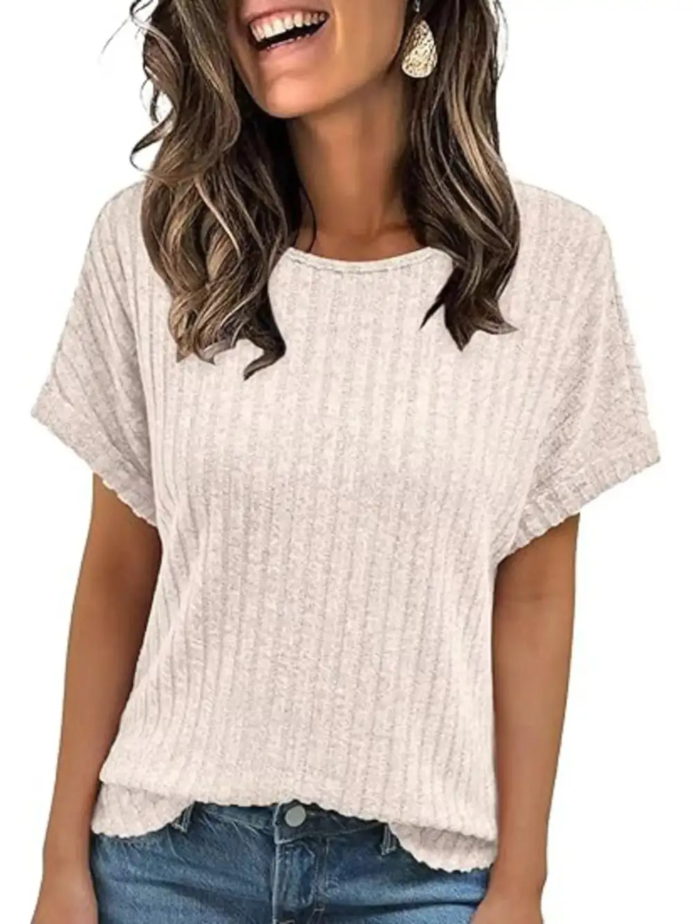 Casual Ribbed Knit Short Sleeve T Shirt