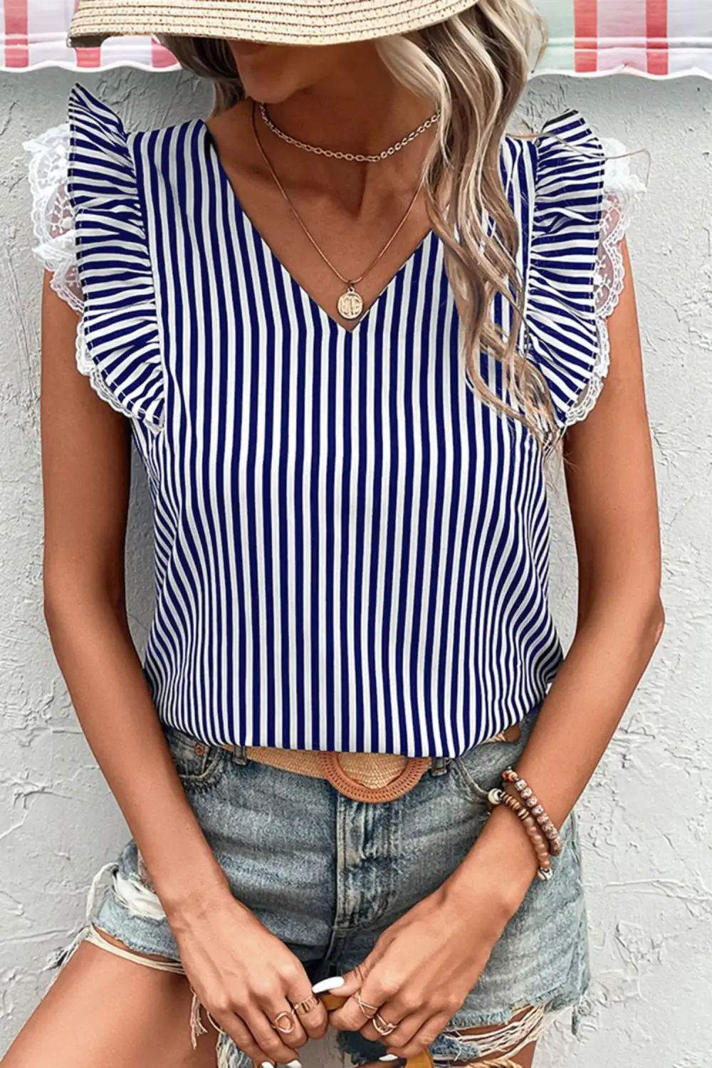 Stripe V Neck Lace Contrast Ruffle Trim Tank Top