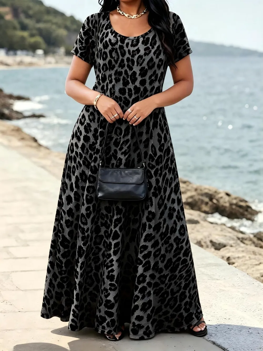 Hot Sale -60% OFF-Women's Leopard Print Maxi Dress with Pockets Casual Short Sleeve Long Dress