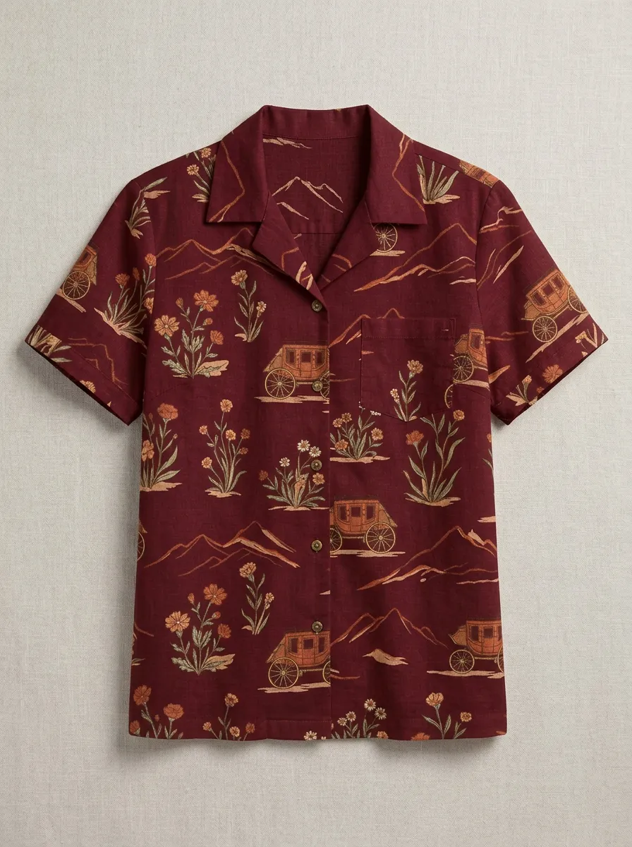 Women's Western Cowboy Stagecoach Floral Printed Short Sleeve Shirt