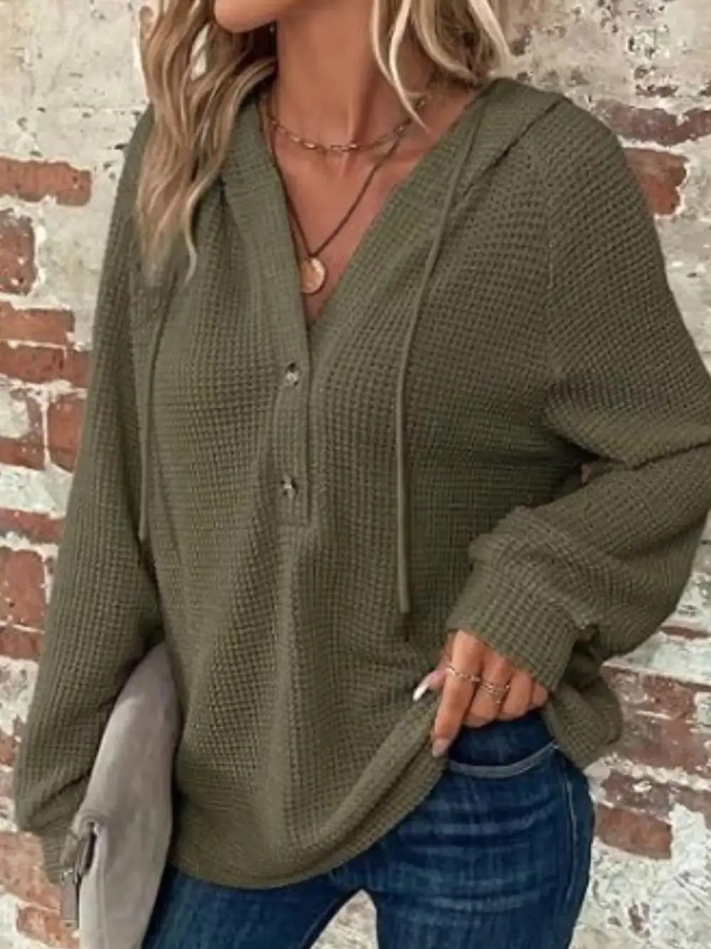 Drawstring Buttoned Pocketed Waffle-Textured Hoodie