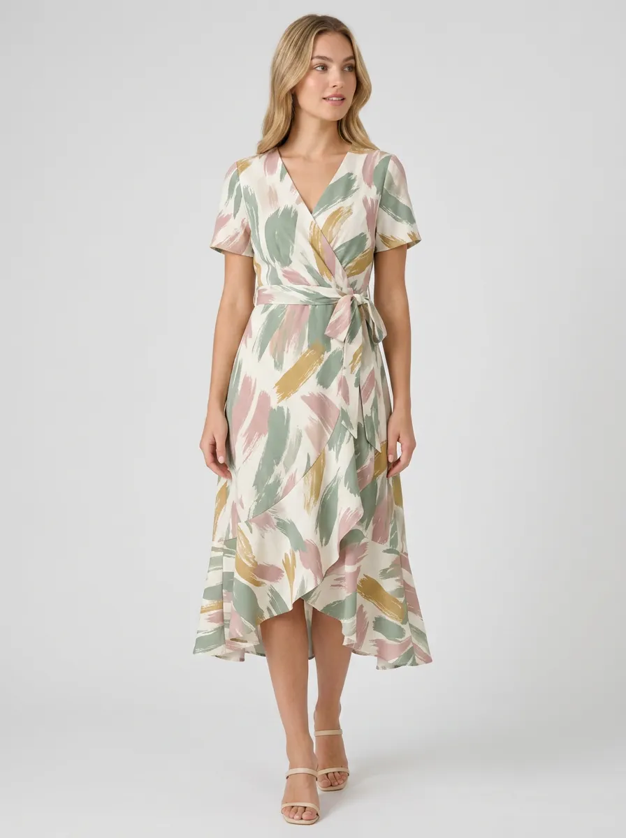 Women's Abstract Brushstroke Pastel Printed Wrap Dress