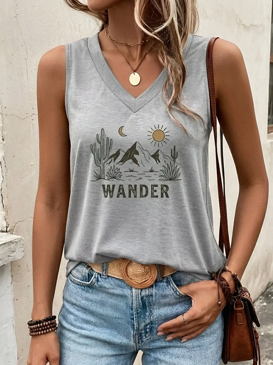 Women's Desert Mountain Cactus Printed V-Neck Tank Top