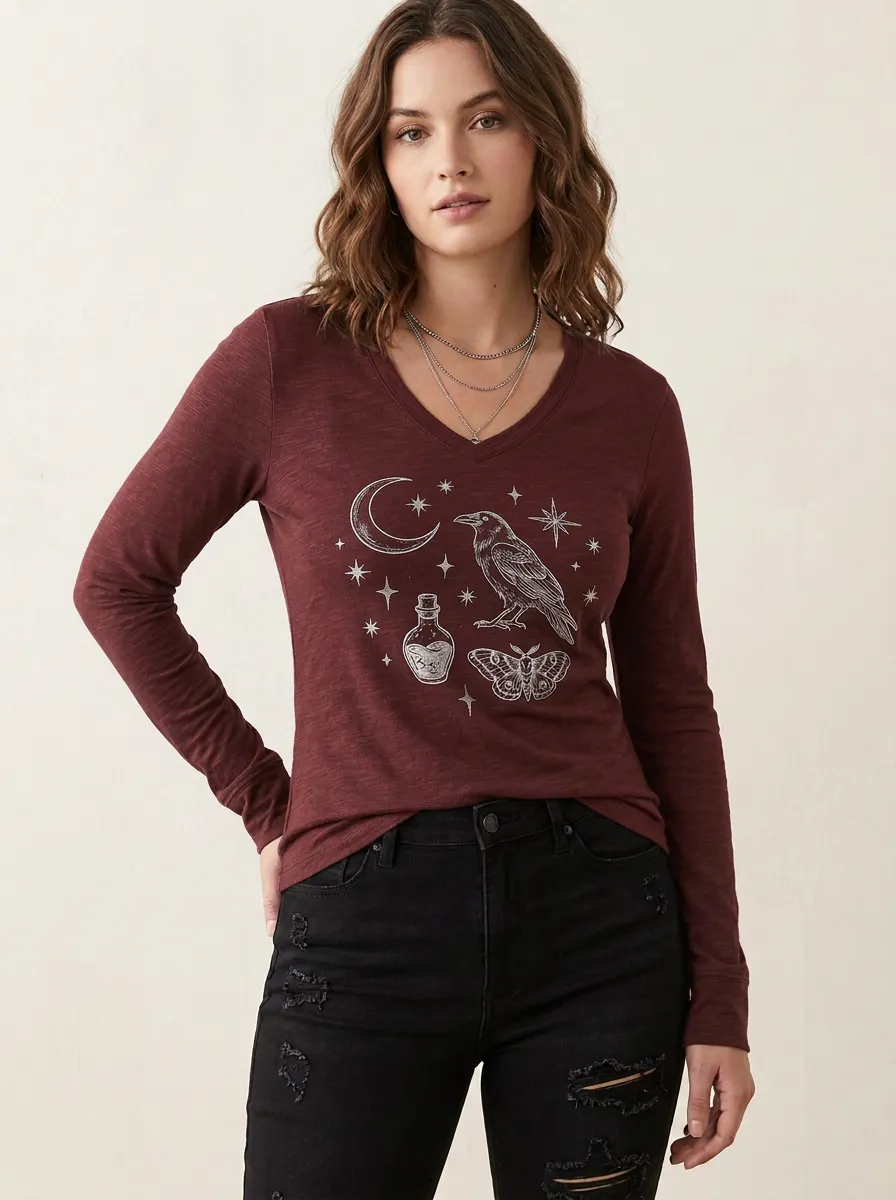 Women's Halloween Witchy Raven Moon Moth Potion Printed V-neck Long Sleeve Top